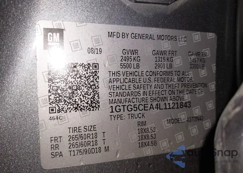 2020 GMC Canyon 2Wd Short Box Sle z USA, uszkodzony, nr VIN 1GTG5CEA4L1121843